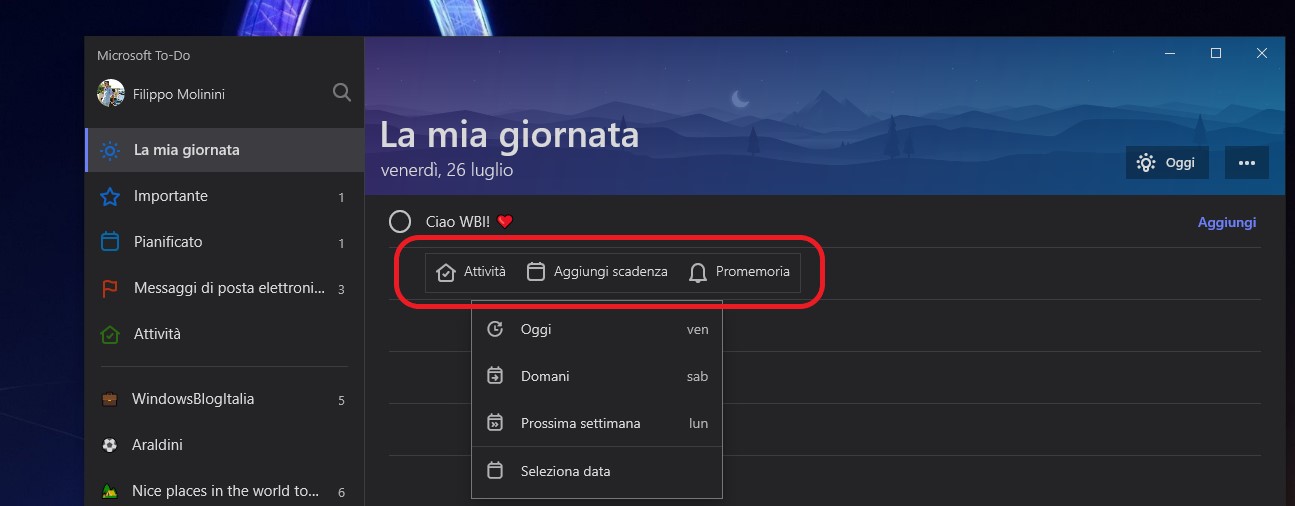 Microsoft ToDo per Windows rich entry bar
