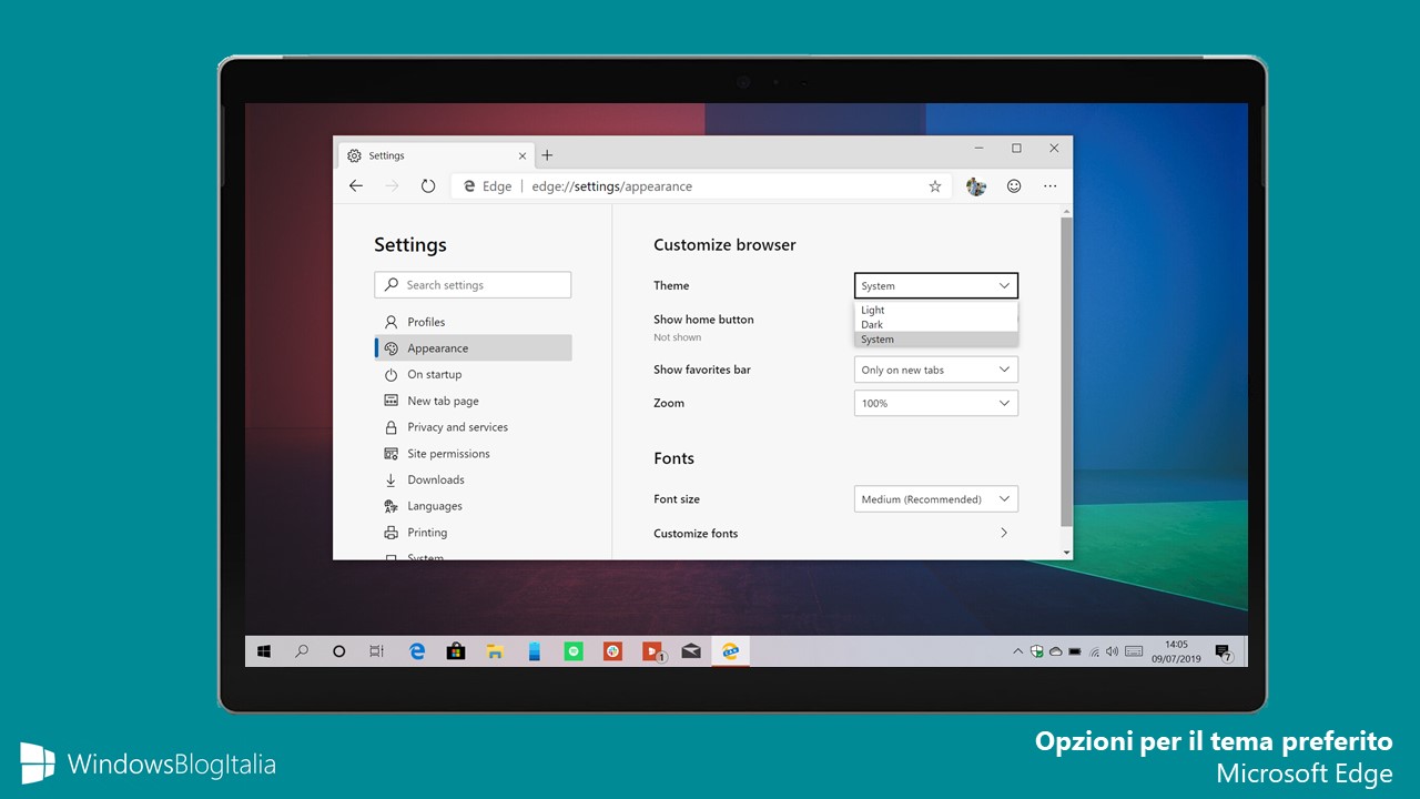 Opzioni per il tema preferito Microsoft Edge