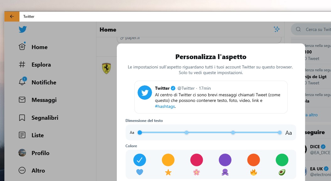 PWA Twitter su Windows 10 nuove opzioni tema