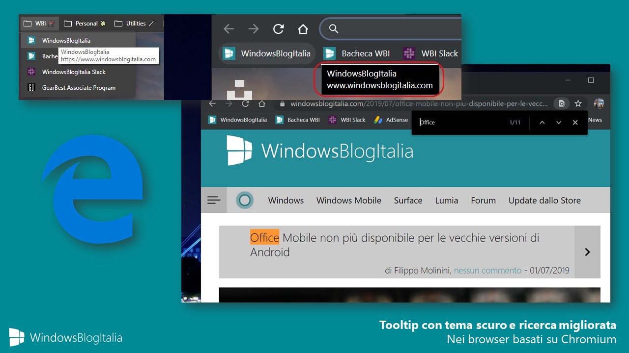 Tooltip con tema scuro e ricerca migliorata browser basati su Chromium