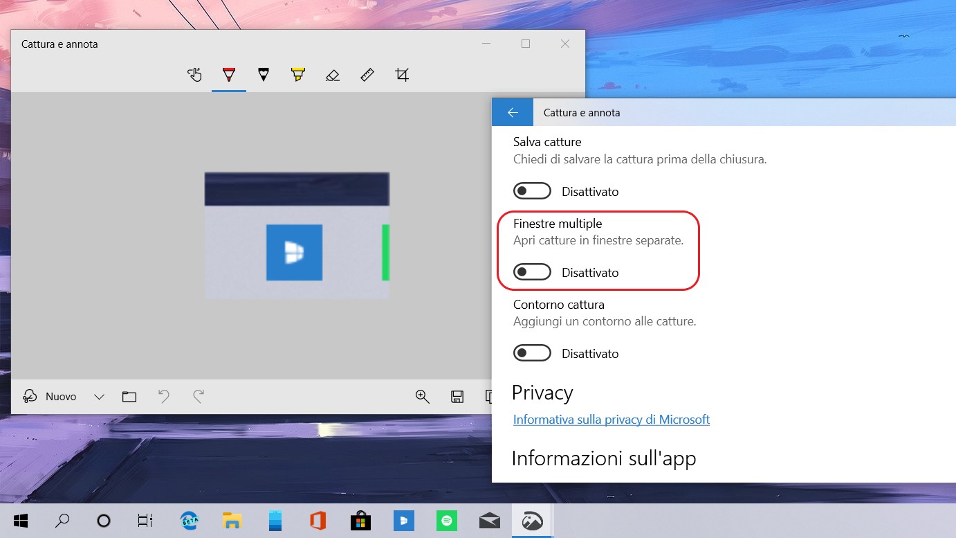 Cattura e annota su Windows 10 opzione per le finestre multiple