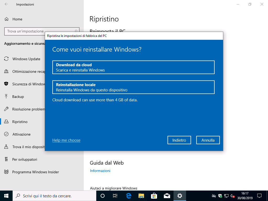 Ripristino Windows 10 dal cloud