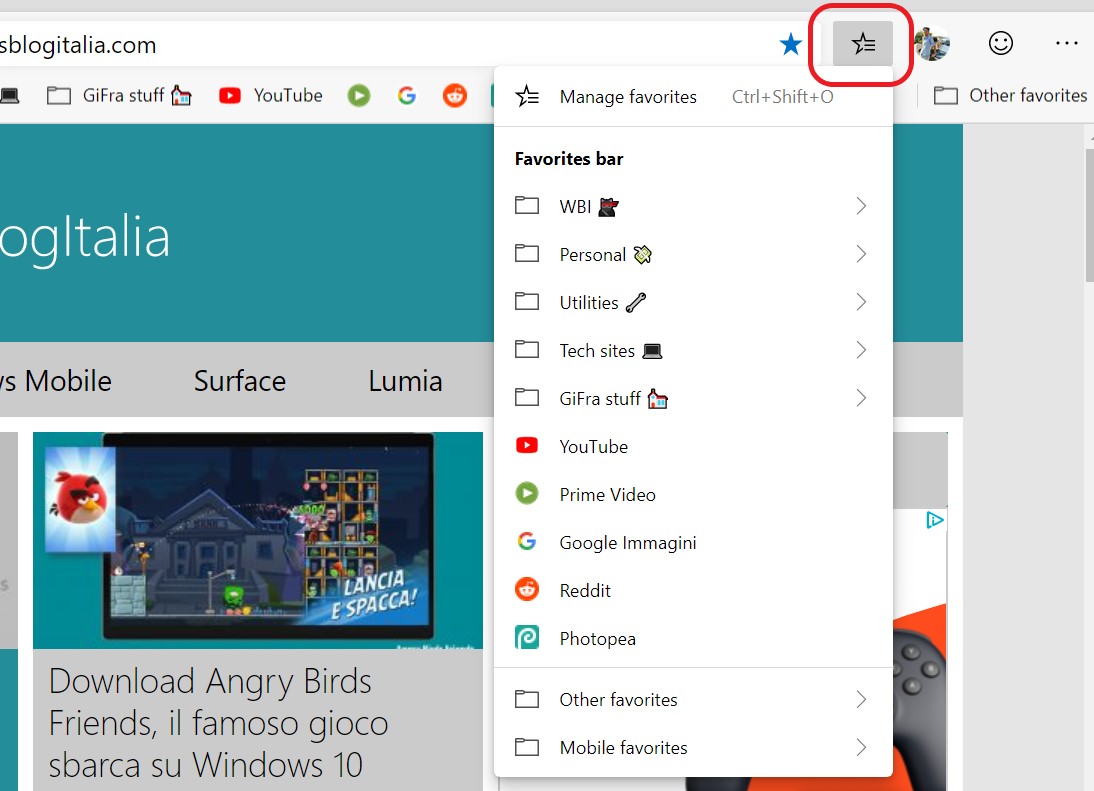 Microsoft Edge basato su Chromium hub preferiti