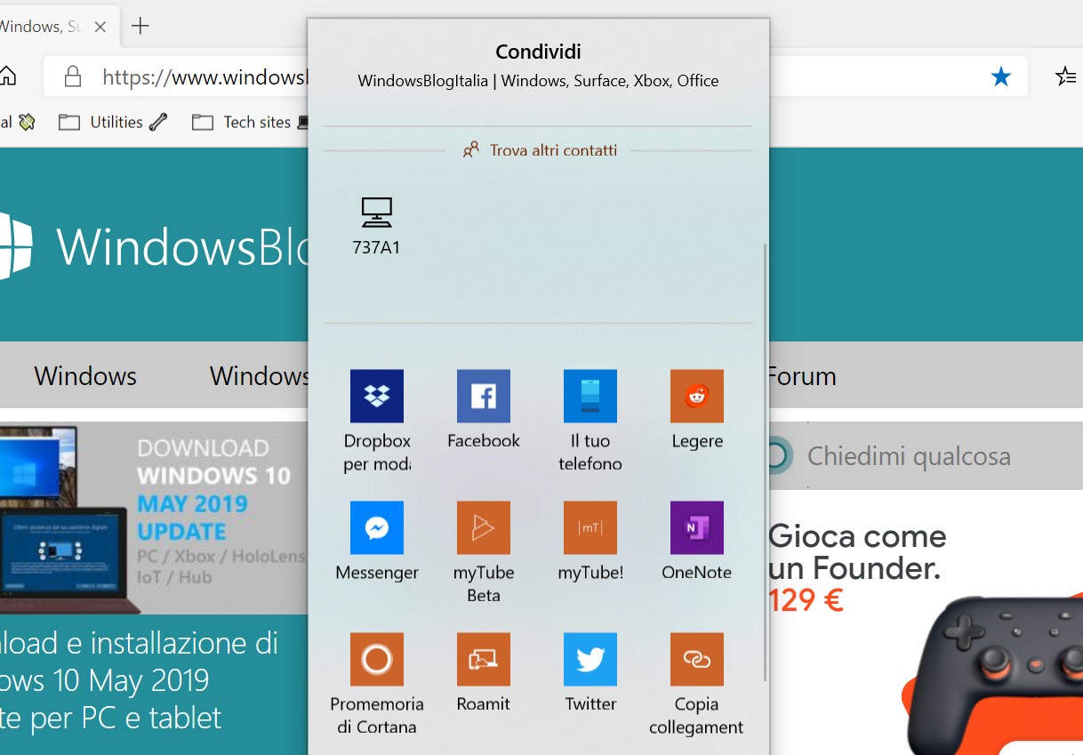 Microsoft Edge basato su Chromium pulsante Condividi Windows 10