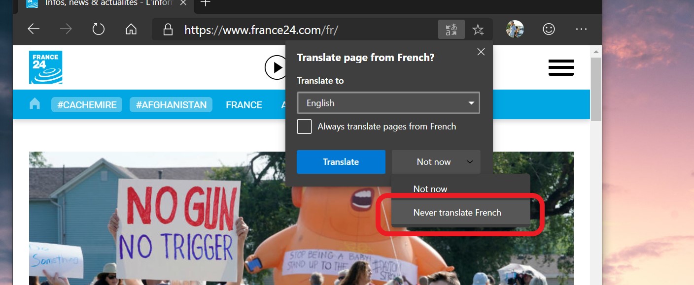 Microsoft Edge opzione non tradurre mai questa lingua