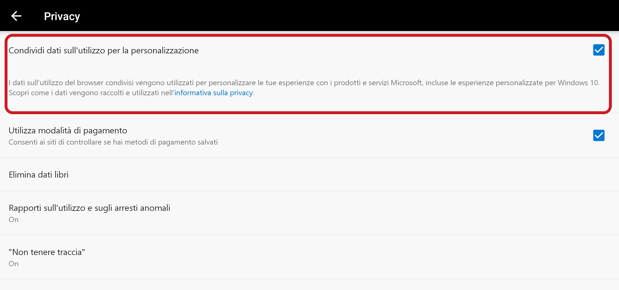 Microsoft Edge per Android opzione condivisione dati