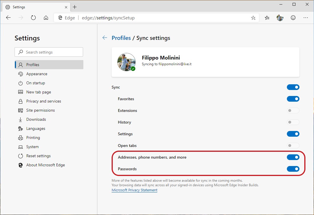 Microsoft Edge sincronizzazione password e form fill