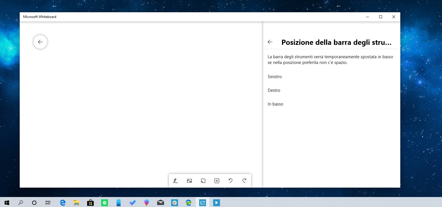 Microsoft Whiteboard Windows 10 posizione toolbar
