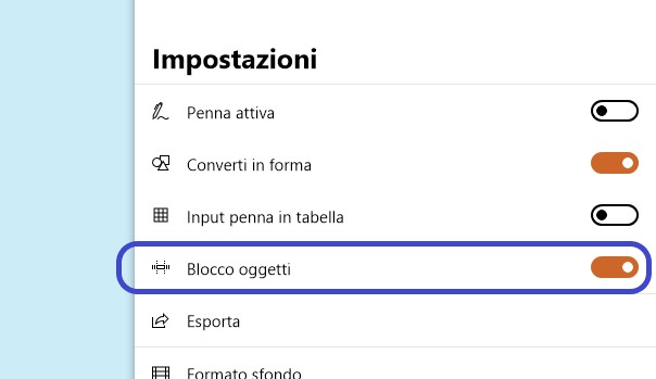 Microsoft Whiteboard per Windows 10 opzione blocco oggetti