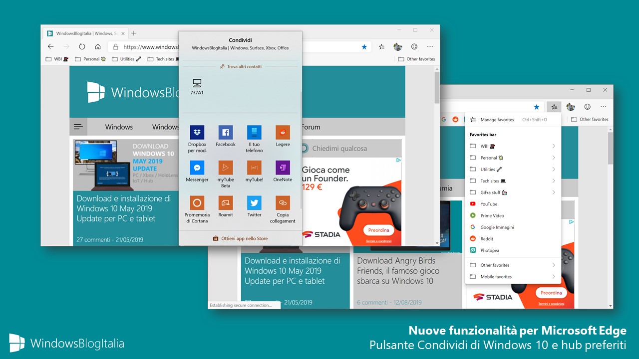 Nuove feature Microsoft Edge basato su Chromium, condividi e hub preferiti