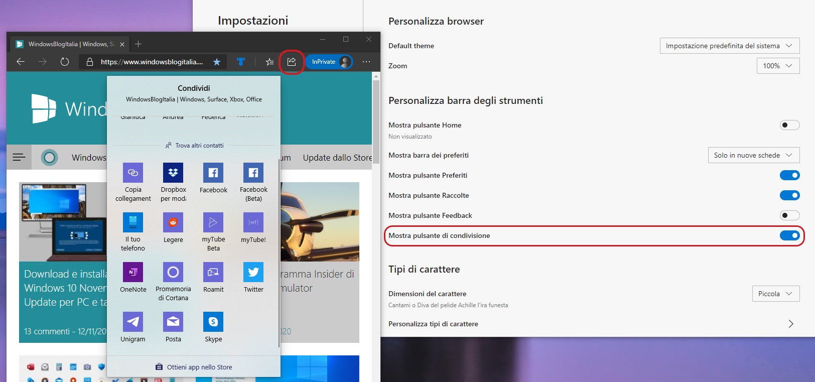 Pulsante condividi nella barra degli strumenti in Microsoft Edge