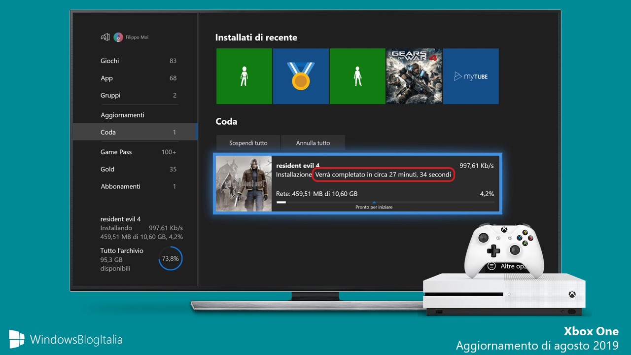 Xbox One aggiornamento di agosto 2019
