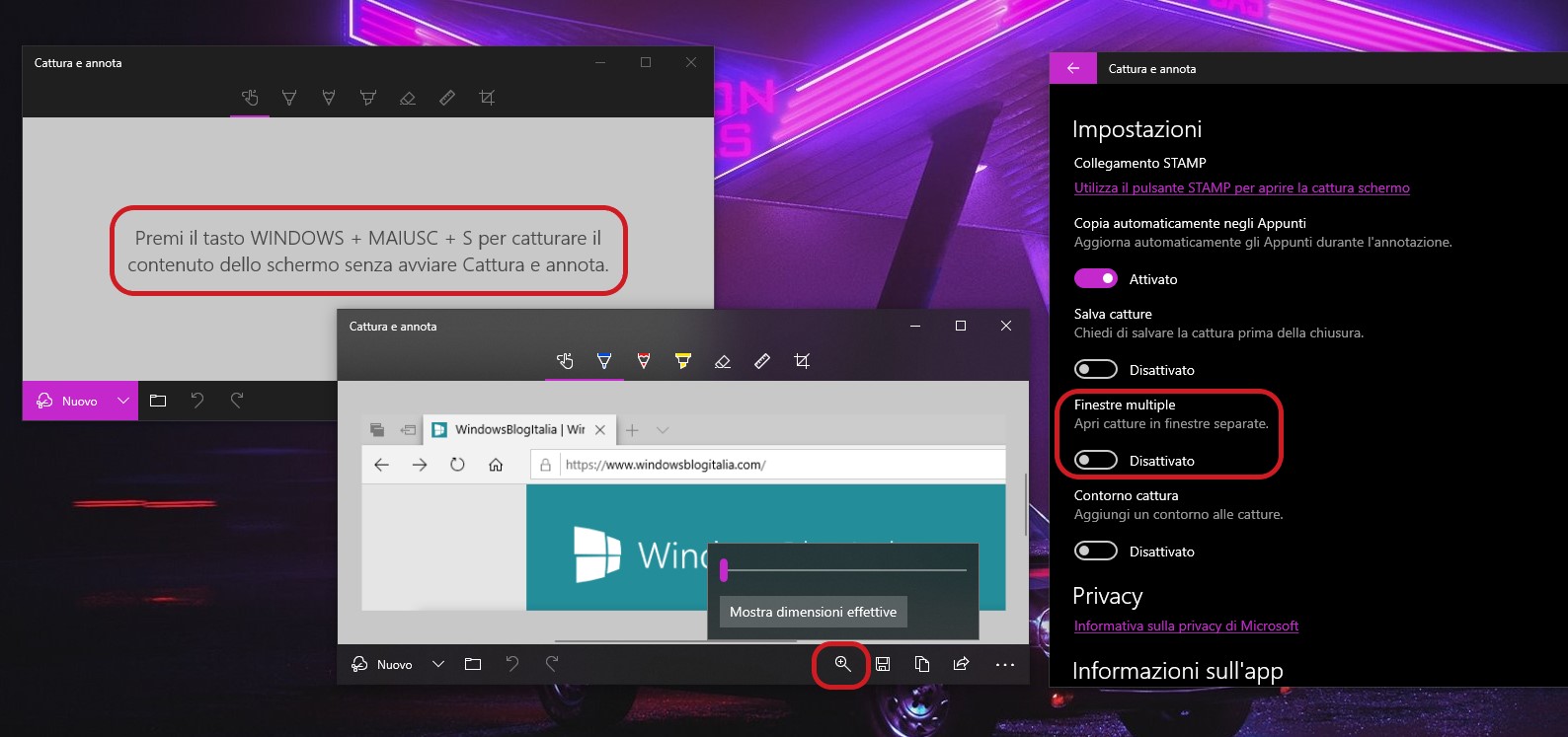 Cattura e annota Windows 10 zoom, nuova pagina principale e opzione finestre multiple