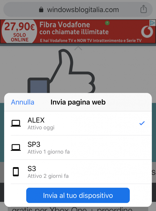 Google Chrome iOS invio pagine web