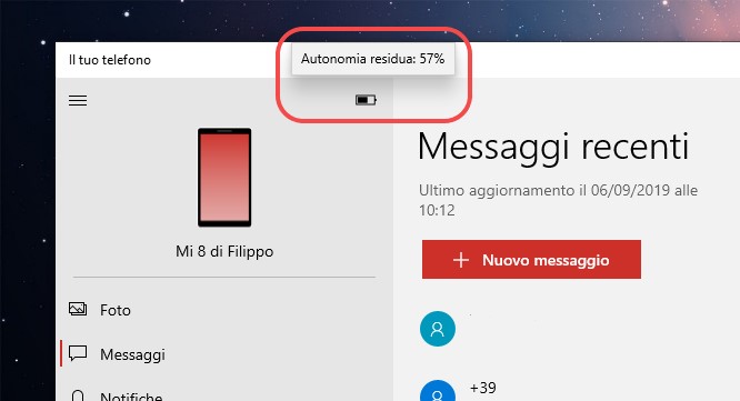 Il tuo telefono per Windows percentuale di batteria