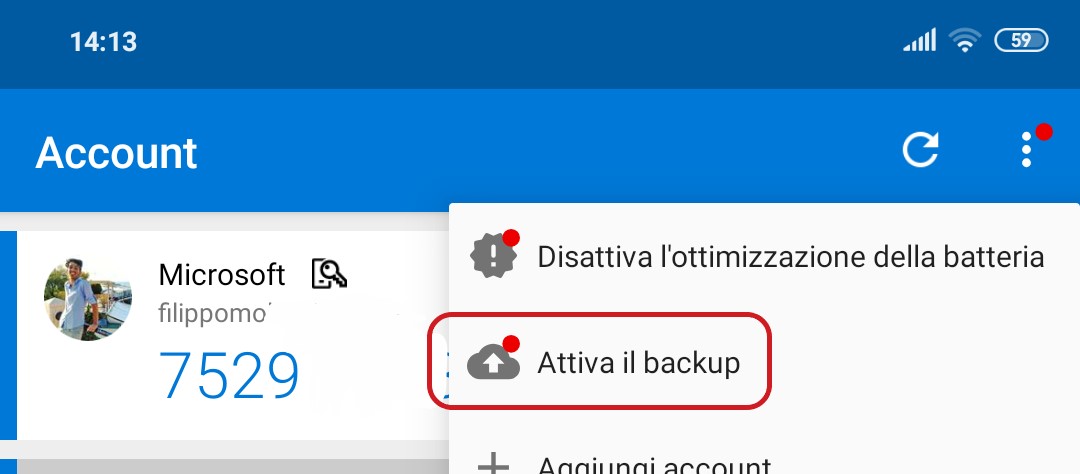 Microsoft Authenticator per Android backup