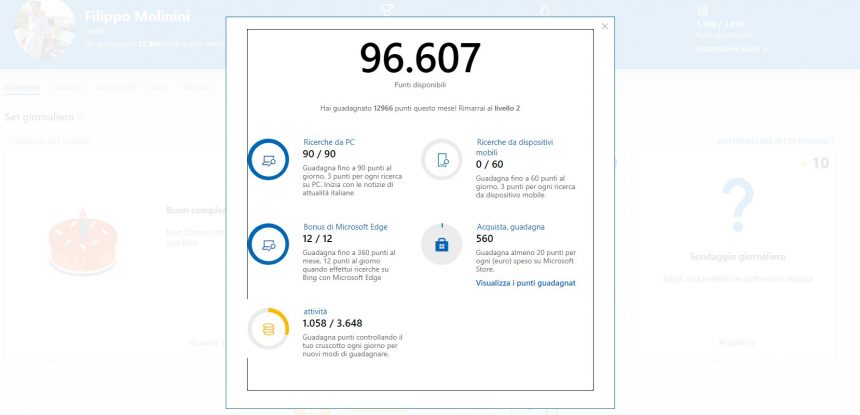 Microsoft Rewards punti aggiuntivi per l'uso di Edge