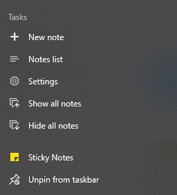 Microsoft Sticky Notes opzione mostra e nascondi tutte le note