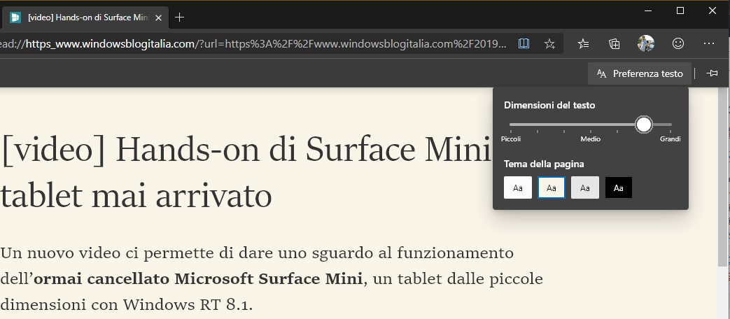 Microsoft Edge Dev per Windows 10 impostazione grandezza font in modalità lettura