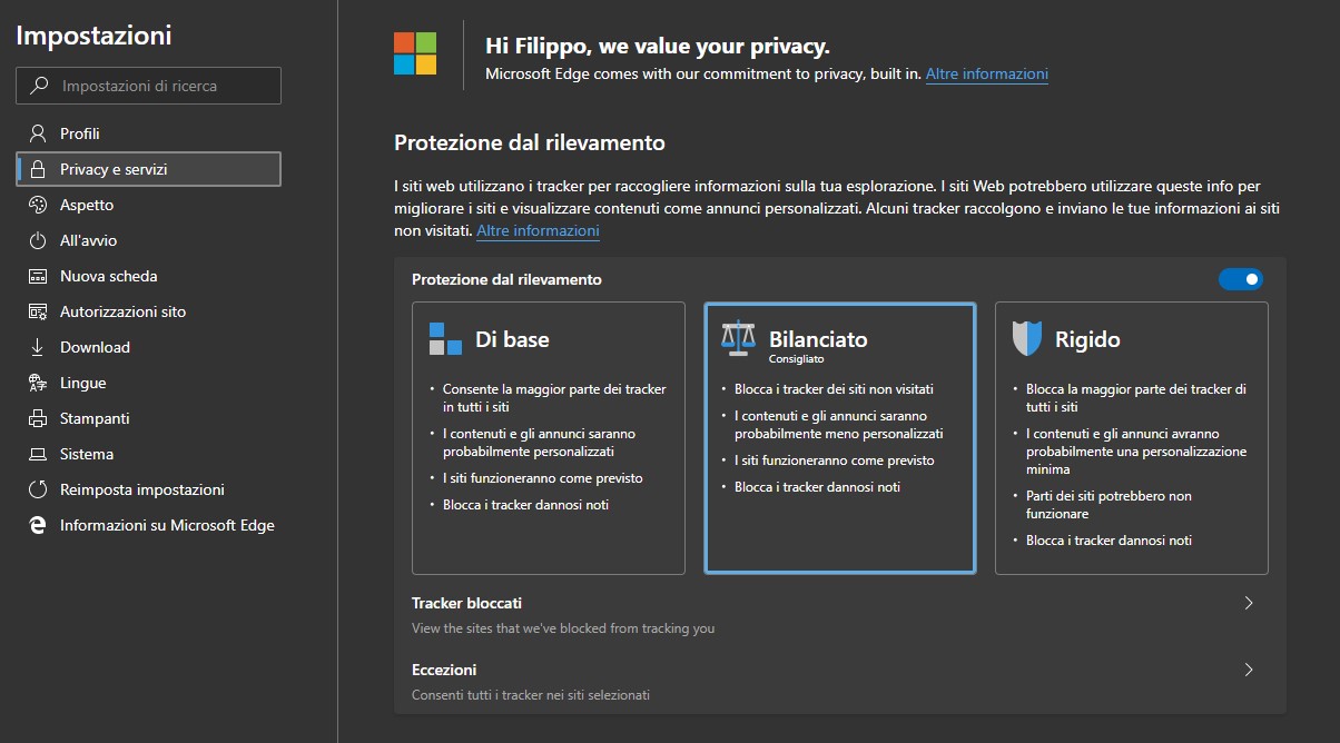 Microsoft Edge Dev per Windows 10 miglioramento protezione dal rilevamento