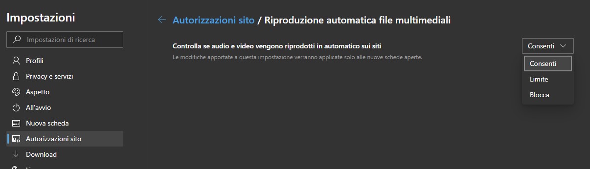 Microsoft Edge Dev per Windows 10 riproduzione automatica file multimediali