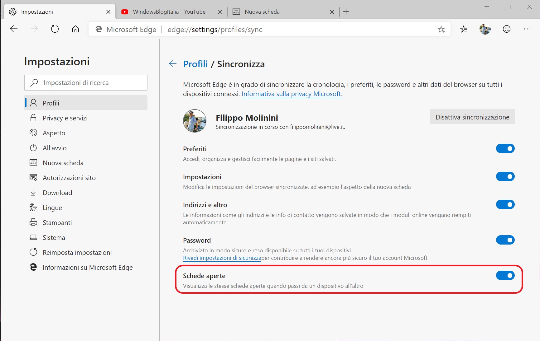 Microsoft Edge impostazioni schede sincronizzate su altri dispositivi