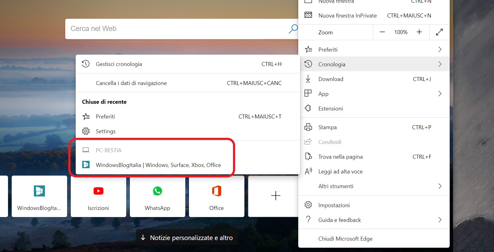 Microsoft Edge schede sincronizzate su altri dispositivi