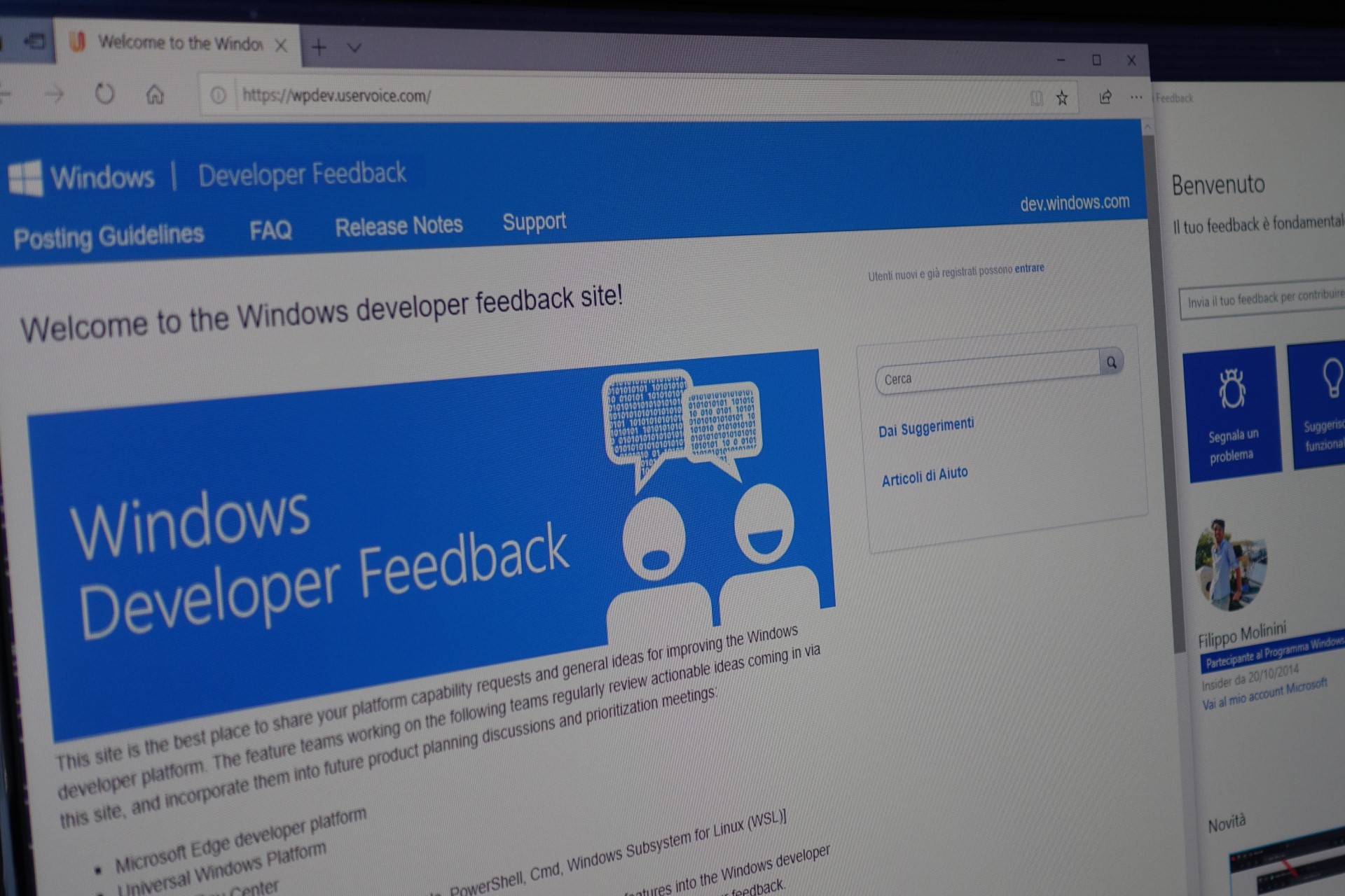 Pagina Windows UserVoice sviluppatori - Hub di Feedback
