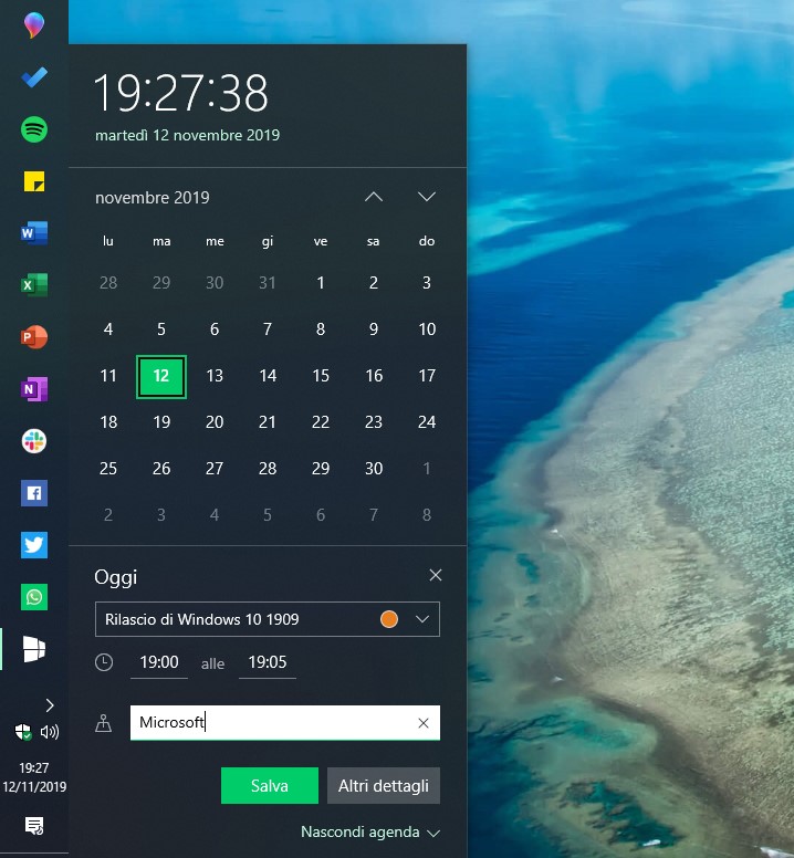 Aggiunta rapida evento in calendario Windows 10 November 2019 Update