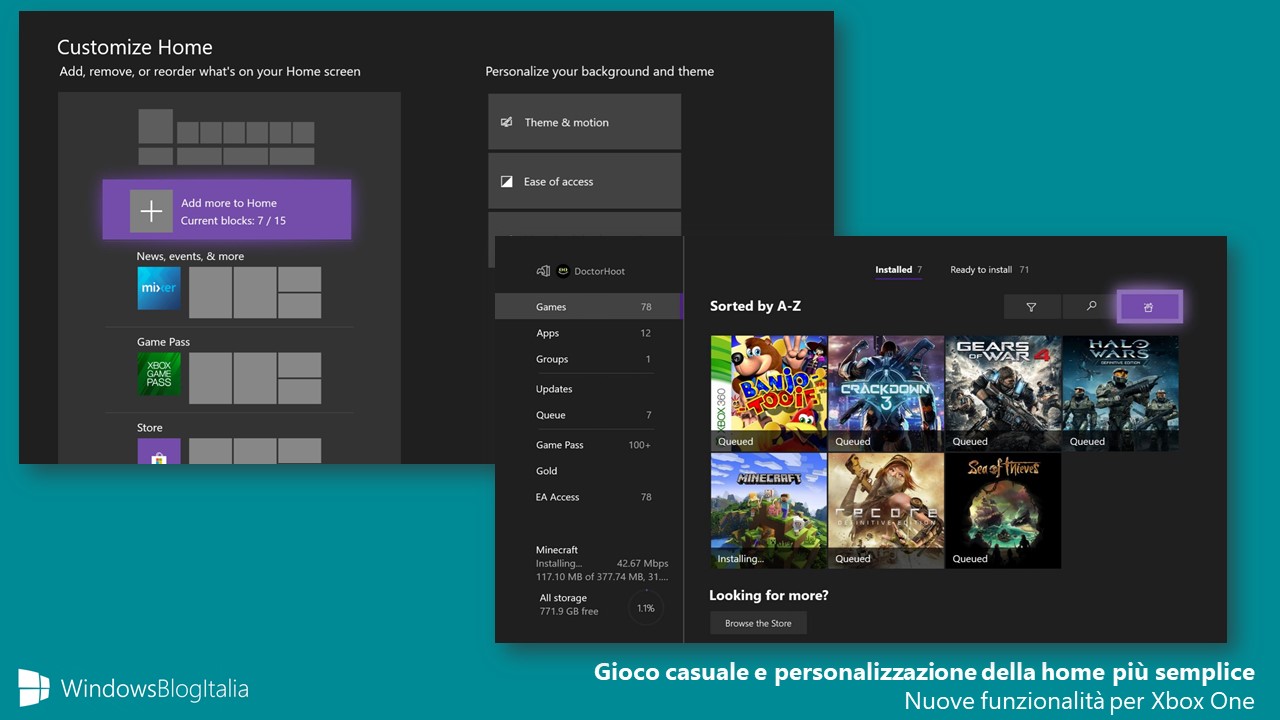 Gioco casuale e personalizzazione della home semplificata Xbox One