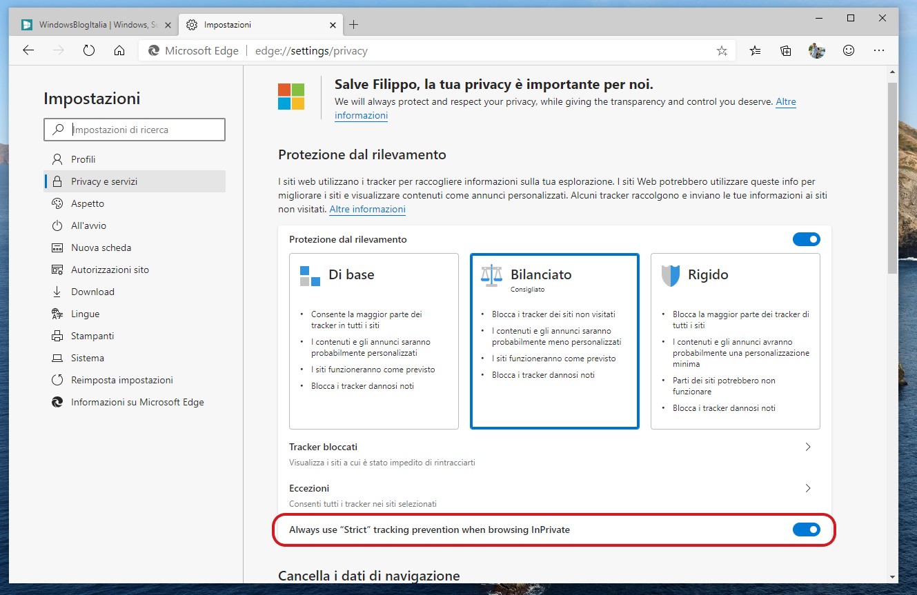 Microsoft Edge Dev miglioramento protezione dal tracciamento in schede InPrivate