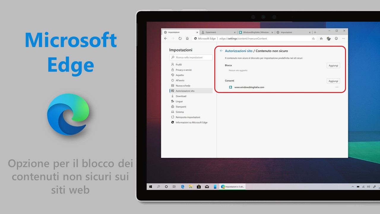 Microsoft Edge basato su Chromium opzione contenuti non sicuri siti web