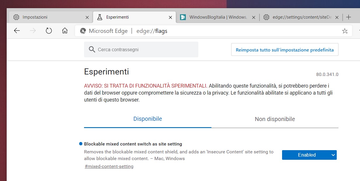 Microsoft Edge come abilitare opzione contenuto non sicuro