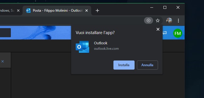 Microsoft Outlook per il web pulsante Installa PWA