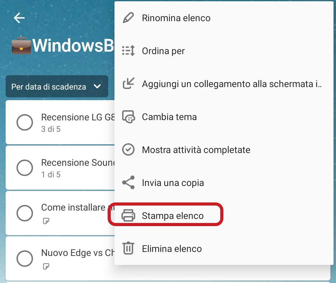 Microsoft To-Do per Android stampa elenco