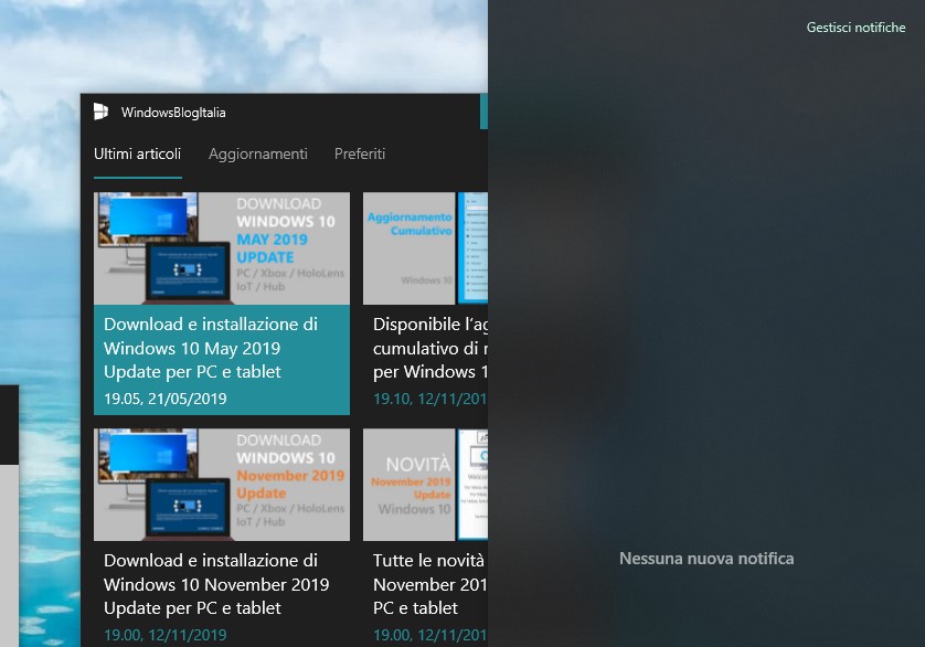 Miglioramenti gestione notifiche Centro notifiche Windows 10 November 2019 Update