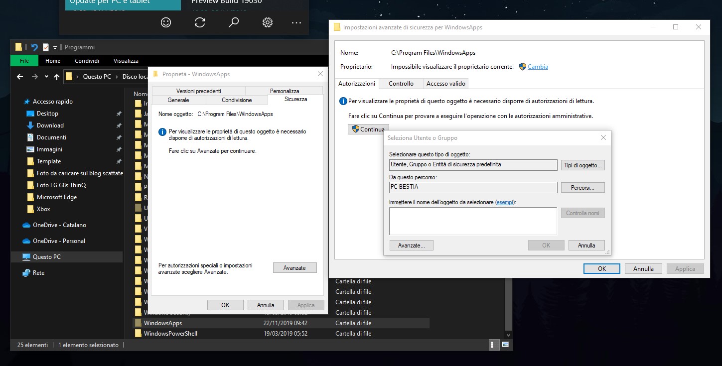 Opzioni da cambiare per accedere alla cartella WindowsApps