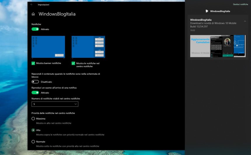 Pagina Impostazioni di gestione notifiche Windows 10 November 2019 Update