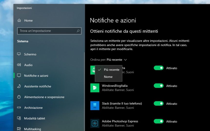 Pagina Impostazioni di notifiche Windows 10 November 2019 Update