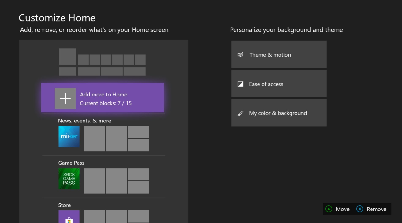 Personalizzazione semplificata dashboard home Xbox One