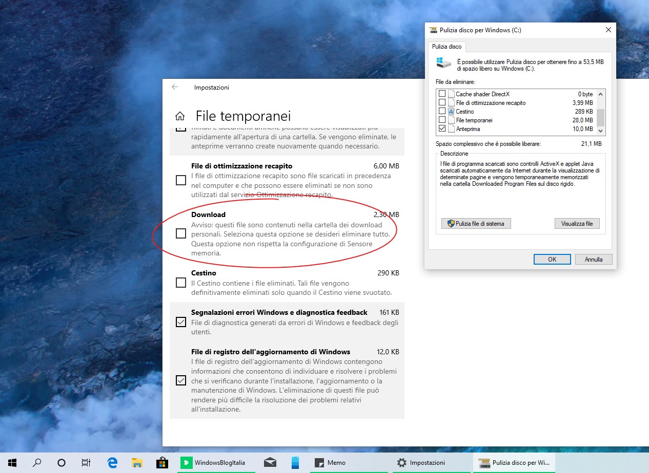 Windows 10 20H1 pulizia disco file cartella Download