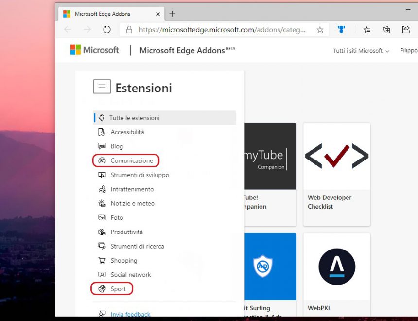 Microsoft Edge Addons pagina web nuove categorie