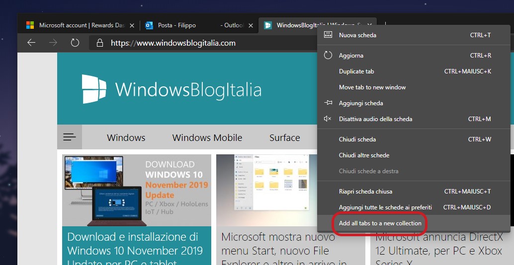 Microsoft Edge aggiungi tutte le schede a una nuova Raccolta