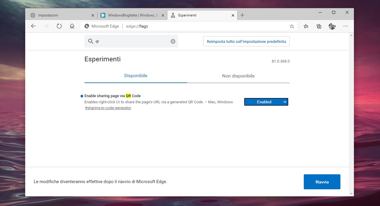 Microsoft Edge basato su Chromium flag per abilitare la condivisione dei siti tramite QRCode