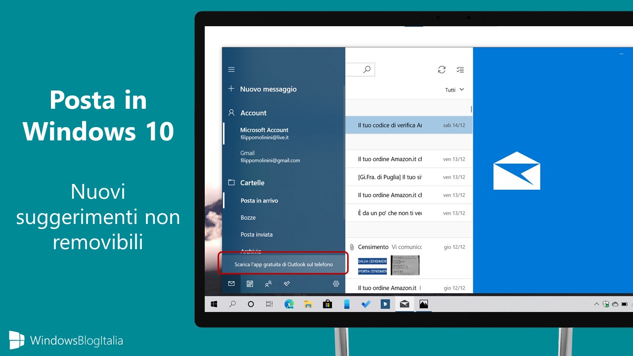Nuovi suggerimenti non removibili app Posta di Windows 10