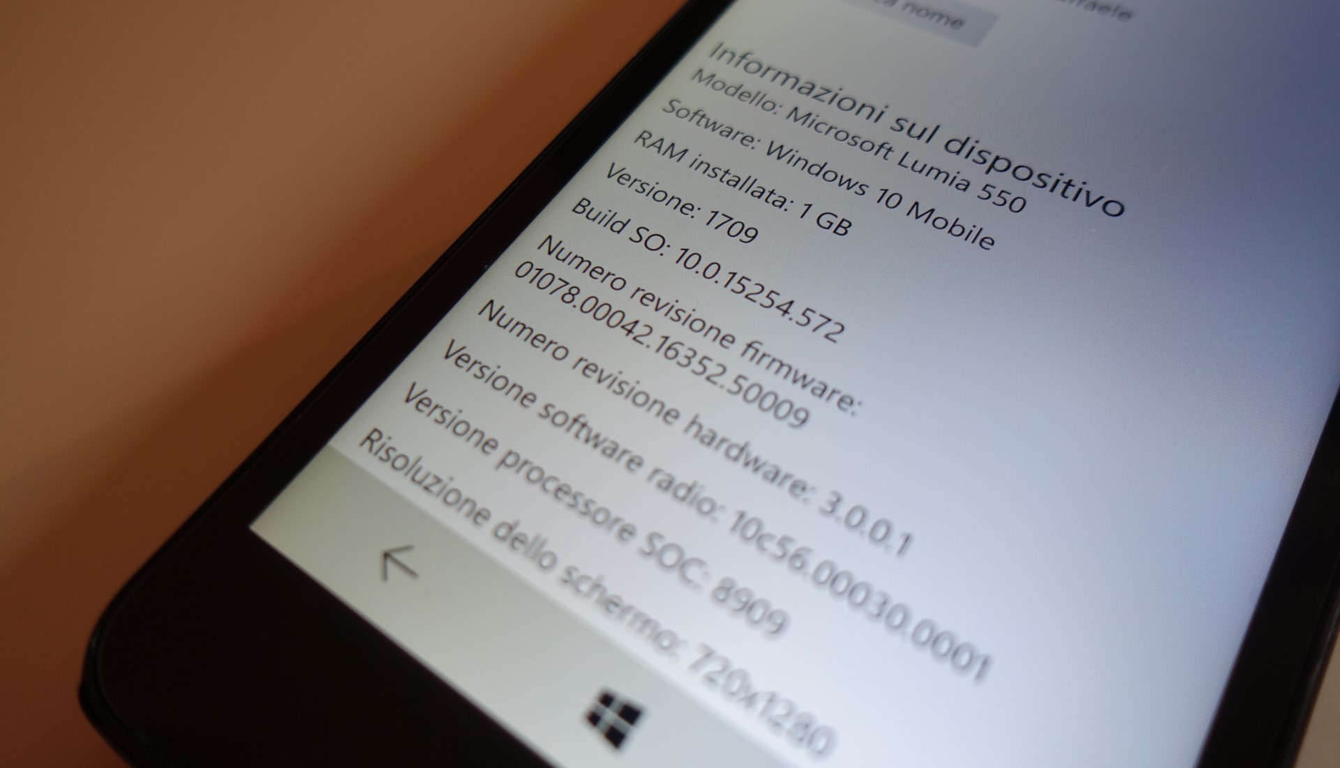 Windows 10 Mobile versione 1709 pagina impostazioni