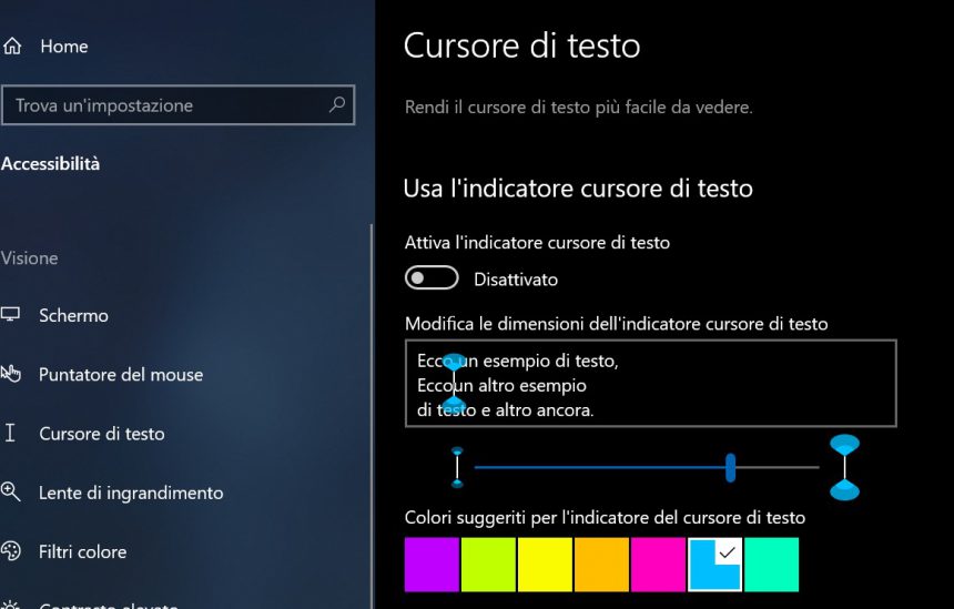 Cursore testo personalizzabile in Windows 10