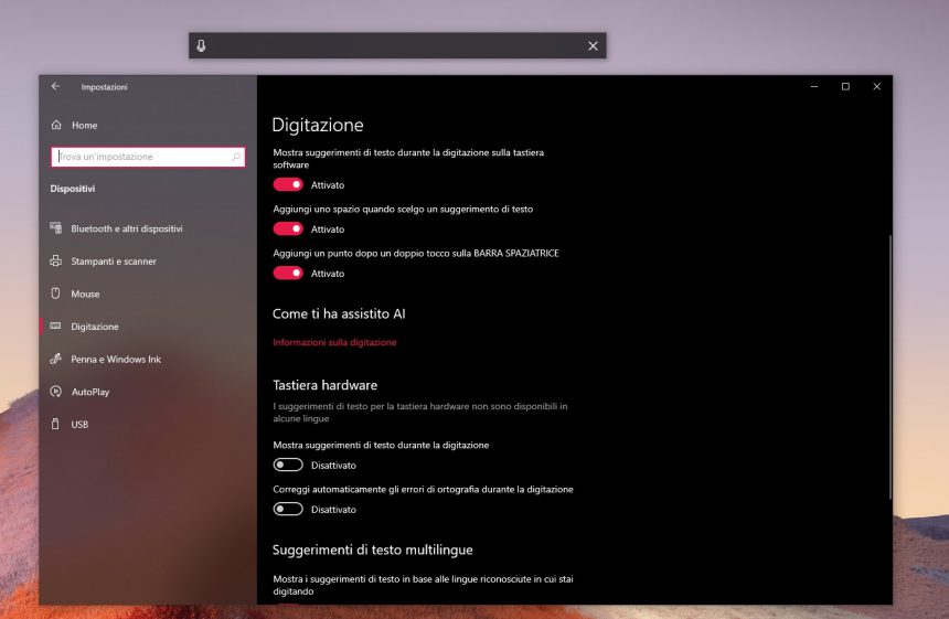 Dettatura e suggerimenti testo per tastiera hardware in Windows 10