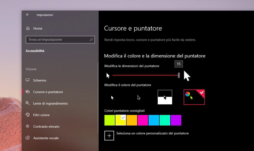 Impostazioni cursore e puntatore di Windows 10