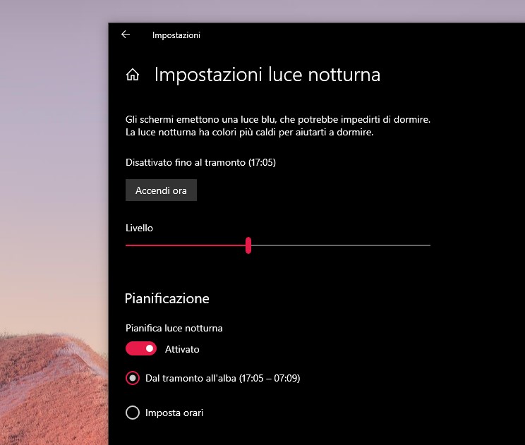 Impostazioni luce notturna in Windows 10